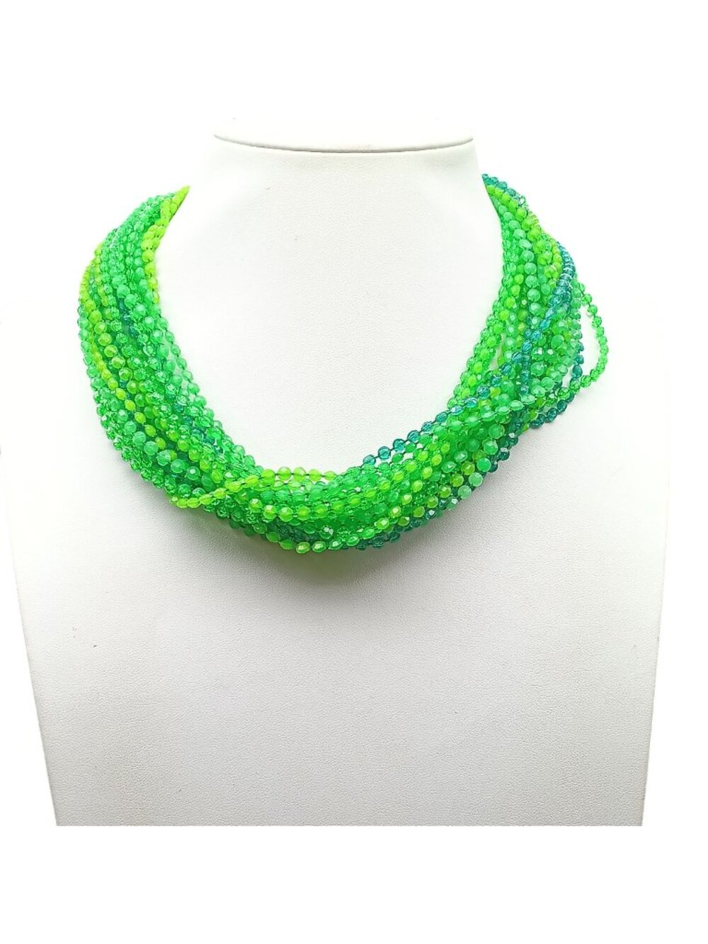 1930s Multi-Strand Green Beaded Celluloid Choker Necklace with Gold-Tone Decorat